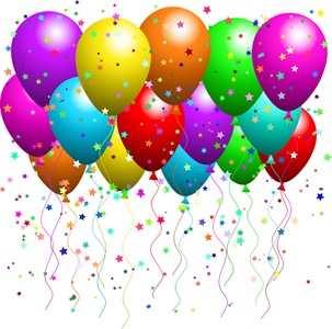 Clipart Illustration of a Bunch Of Floating Party Balloons With Confetti At A Party